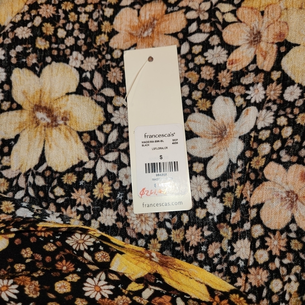 NWT Miami Yellow Brown & Black Floral Blouse Front Tie Size S Bell Long Sleeves - Picture 8 of 10